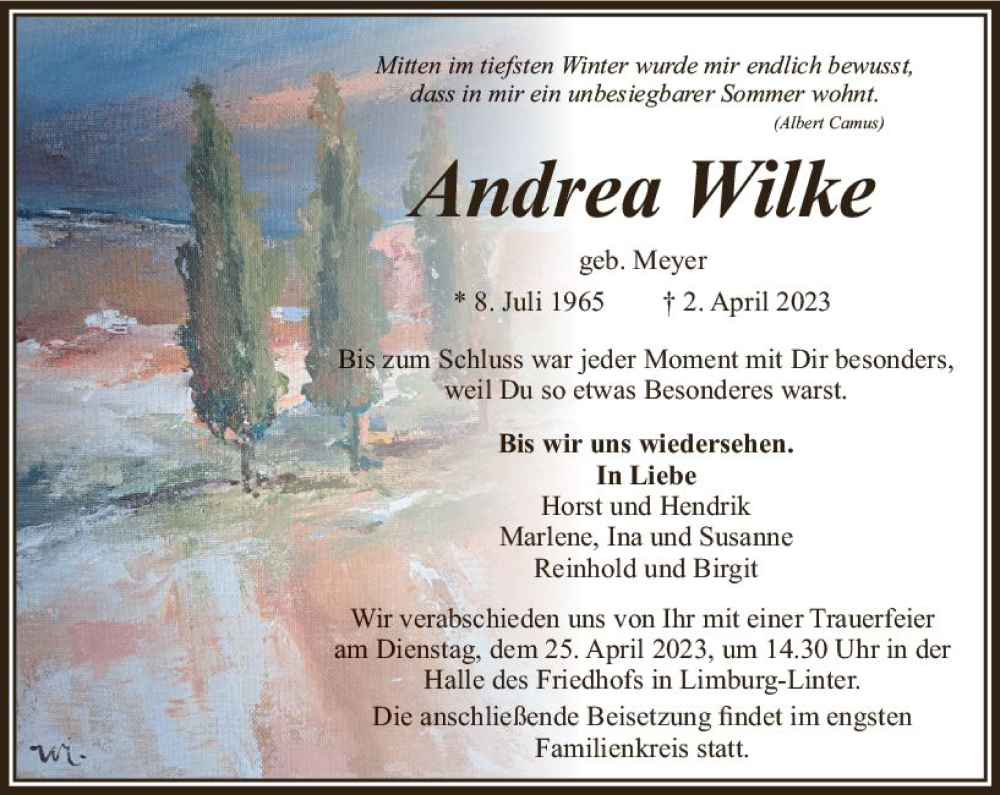  Traueranzeige für Andrea Wilke vom 15.04.2023 aus Nassauische Neue Presse