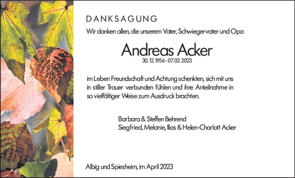 Traueranzeige für Andreas Acker vom 15.04.2023 aus Allgemeine Zeitung Alzey