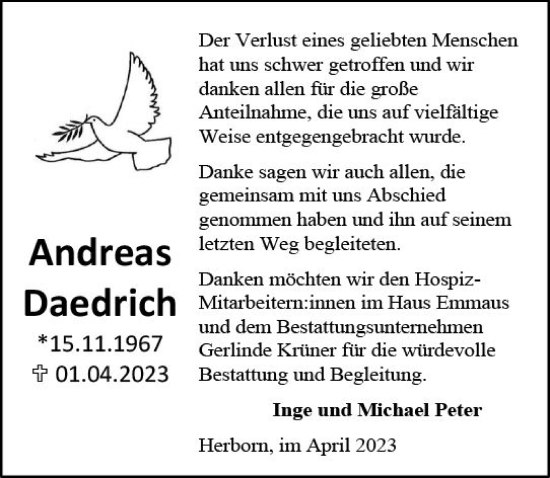 Traueranzeige von Andreas Daedrich von Dill Block