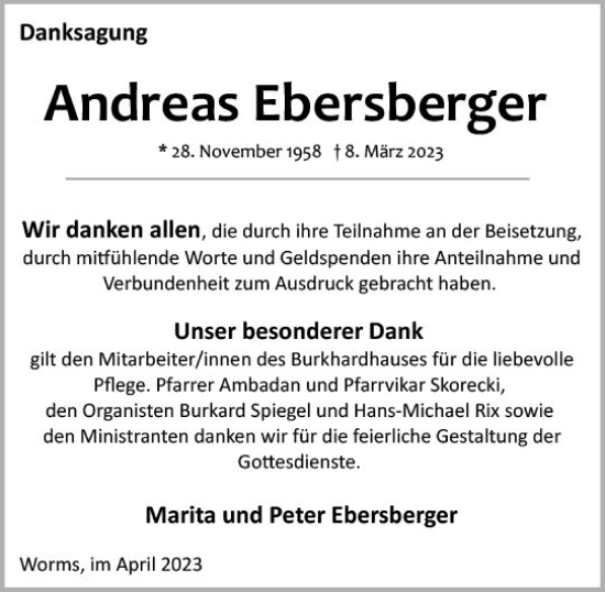 Traueranzeige von Andreas Ebersberger von Wormser Zeitung
