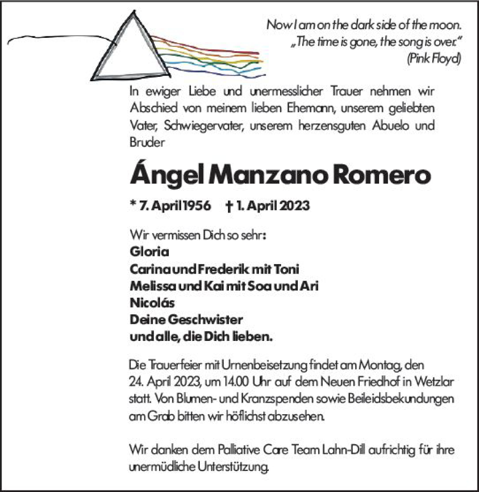  Traueranzeige für Angel Manzano Romero vom 11.04.2023 aus Wetzlarer Neue Zeitung