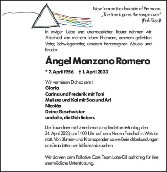 Traueranzeige von Angel Manzano Romero von Wetzlarer Neue Zeitung