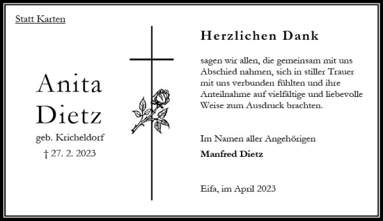 Traueranzeige von Anita Dietz von Oberhessen Kurier