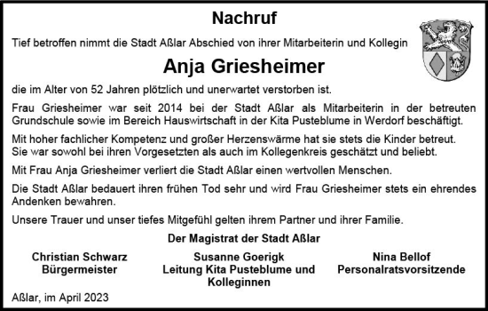 Traueranzeige von Anja Griesheimer von Wetzlarer Neue Zeitung