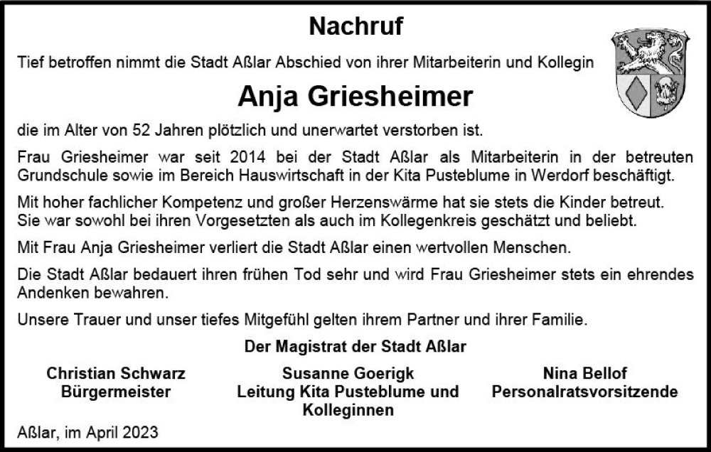  Traueranzeige für Anja Griesheimer vom 15.04.2023 aus Wetzlarer Neue Zeitung