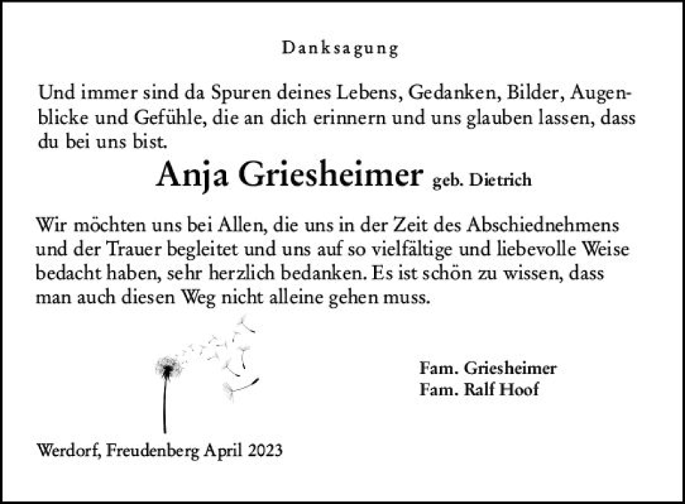  Traueranzeige für Anja Griesheimer vom 22.04.2023 aus Wetzlarer Neue Zeitung