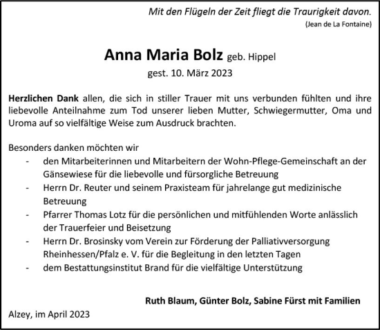 Traueranzeige von Anna Maria Bolz von Allgemeine Zeitung Alzey