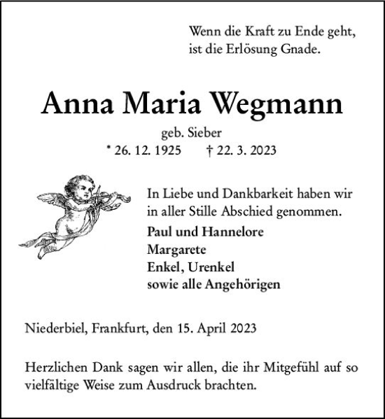 Traueranzeige von Anna Maria Wegmann von Wetzlarer Neue Zeitung