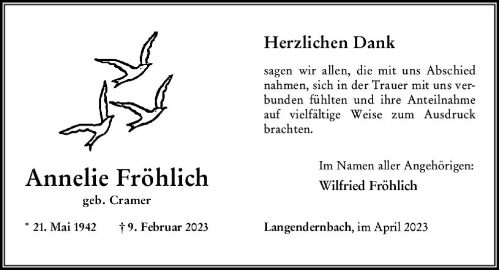  Traueranzeige für Annelie Fröhlich vom 22.04.2023 aus Nassauische Neue Presse