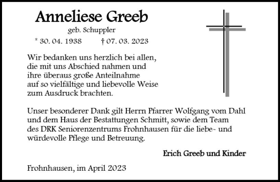 Traueranzeige von Anneliese Greeb von Dill Block