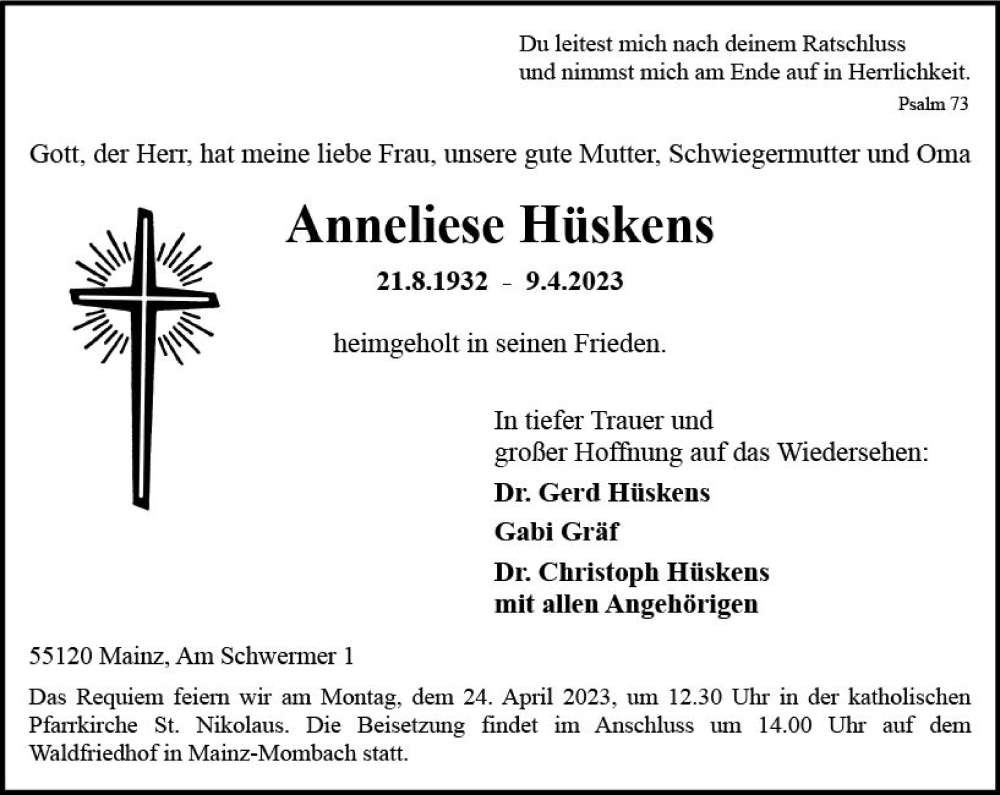  Traueranzeige für Anneliese Hüskens vom 15.04.2023 aus Allgemeine Zeitung Mainz