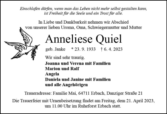 Traueranzeige von Anneliese Quiel von Odenwälder Echo