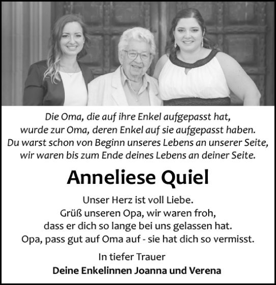 Traueranzeige von Anneliese Quiel von Odenwälder Echo