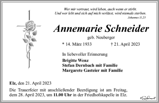 Traueranzeige von Annemarie Schneider von Nassauische Neue Presse