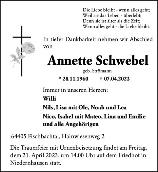Traueranzeige von Annette Schwebel von Odenwälder Echo