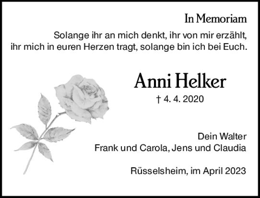  Traueranzeige für Anni Helker vom 04.04.2023 aus Rüsselsheimer Echo