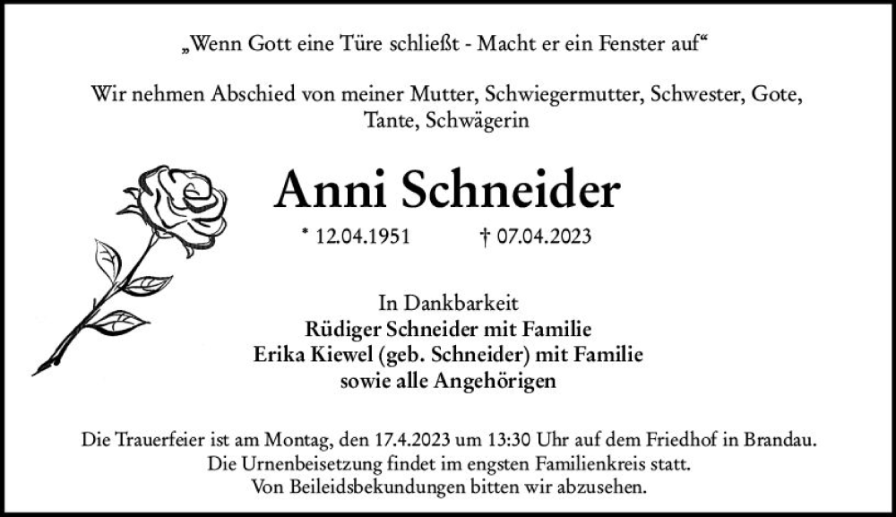 Traueranzeige für Anni Schneider vom 15.04.2023 aus Darmstädter Echo