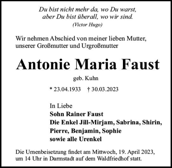Traueranzeige von Antonie Maria Faust von Darmstädter Echo