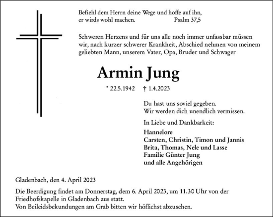 Traueranzeige von Armin Jung von Hinterländer Anzeiger