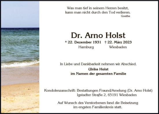 Traueranzeige von Arno Holst von Wiesbadener Kurier