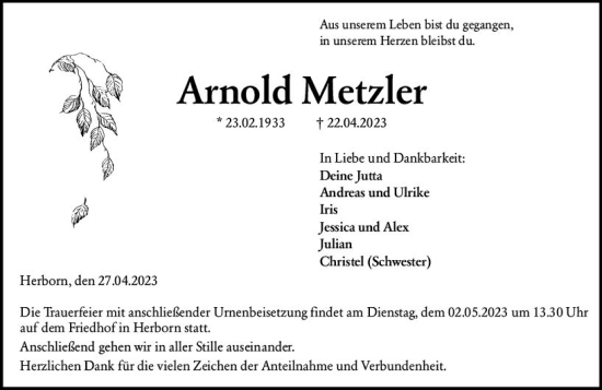 Traueranzeige von Arnold Metzler von Dill Block