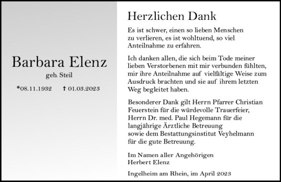 Traueranzeige von Barbara Elenz von Allgemeine Zeitung Bingen/Ingelheim