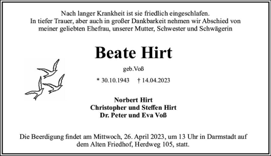 Traueranzeige von Beate Hirt von Darmstädter Echo