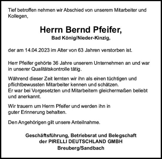 Traueranzeige von Bernd Pfeifer von Odenwälder Echo