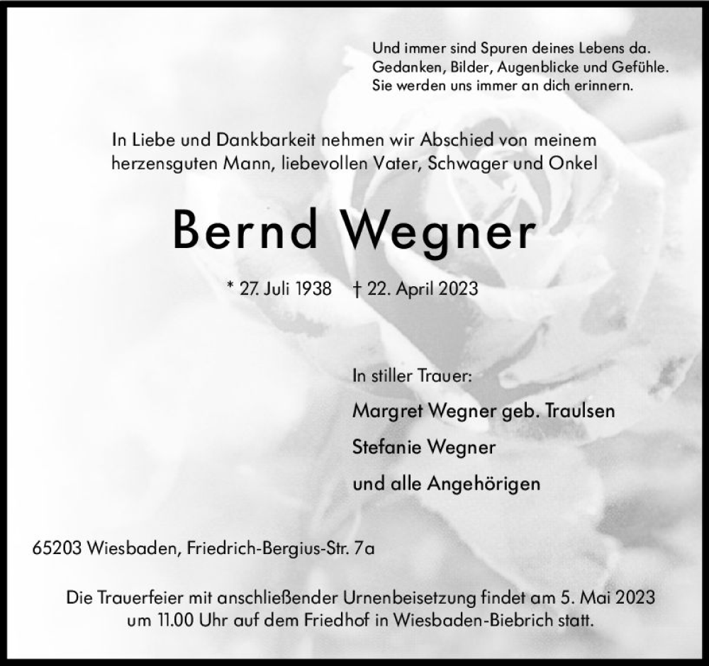  Traueranzeige für Bernd Wegner vom 29.04.2023 aus Wiesbadener Kurier