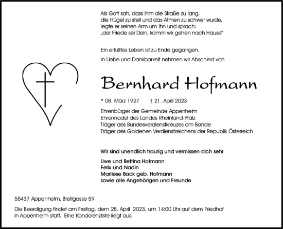 Traueranzeige von Bernhard Hofmann von Allgemeine Zeitung Bingen/Ingelheim