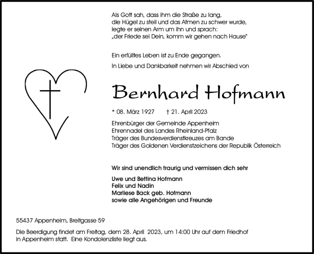  Traueranzeige für Bernhard Hofmann vom 25.04.2023 aus Allgemeine Zeitung Bingen/Ingelheim