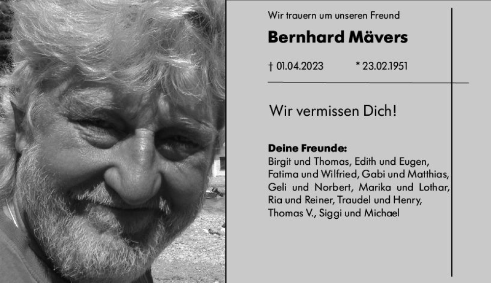  Traueranzeige für Bernhard Mävers vom 08.04.2023 aus Darmstädter Echo