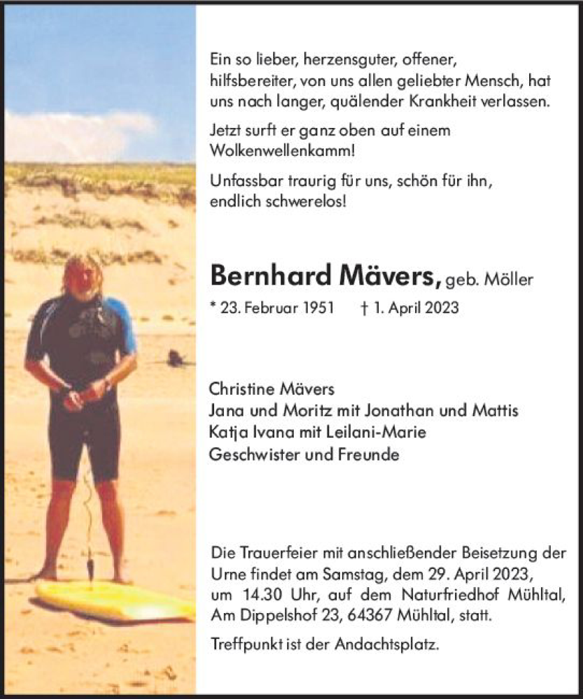  Traueranzeige für Bernhard Mävers vom 08.04.2023 aus Darmstädter Echo