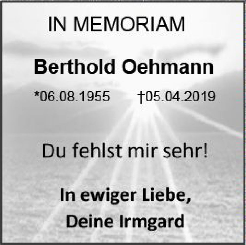  Traueranzeige für Berthold Oehmann vom 08.04.2023 aus Allgemeine Zeitung Bingen/Ingelheim