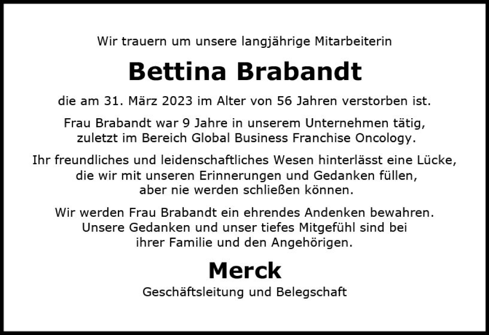  Traueranzeige für Bettina Brabandt vom 22.04.2023 aus Darmstädter Echo