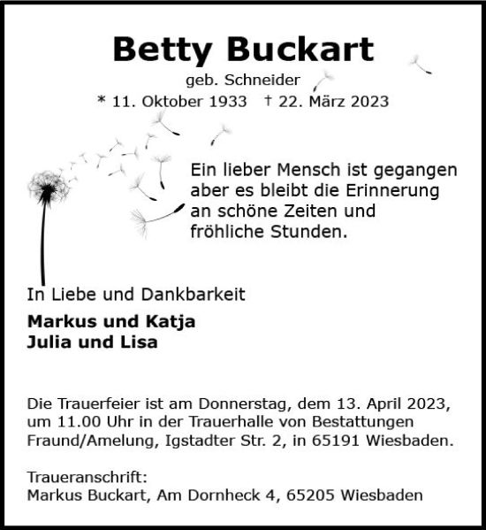 Traueranzeige von Betty Buckart von Wiesbadener Kurier