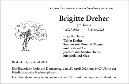 Traueranzeige von Brigitte Dreher von Hinterländer Anzeiger
