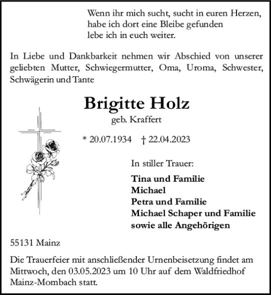 Traueranzeige von Brigitte Holz von Allgemeine Zeitung Mainz