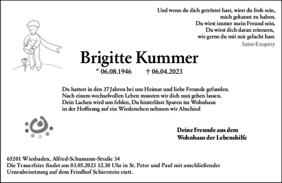 Traueranzeige von Brigitte Kummer von Wiesbadener Kurier