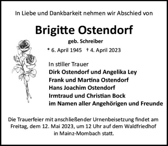 Traueranzeige von Brigitte Ostendorf von Allgemeine Zeitung Mainz