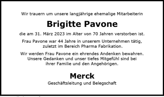 Traueranzeige von Brigitte Pavone von Darmstädter Echo