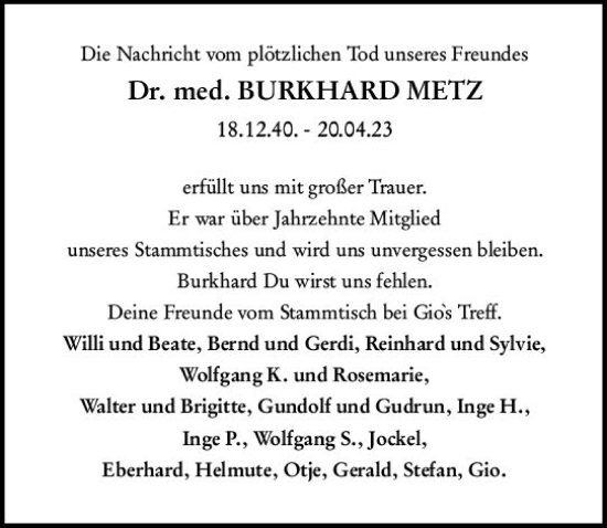Traueranzeige von Burkhard Metz von Darmstädter Echo