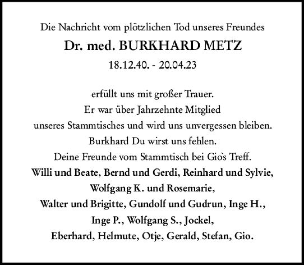  Traueranzeige für Burkhard Metz vom 29.04.2023 aus Darmstädter Echo