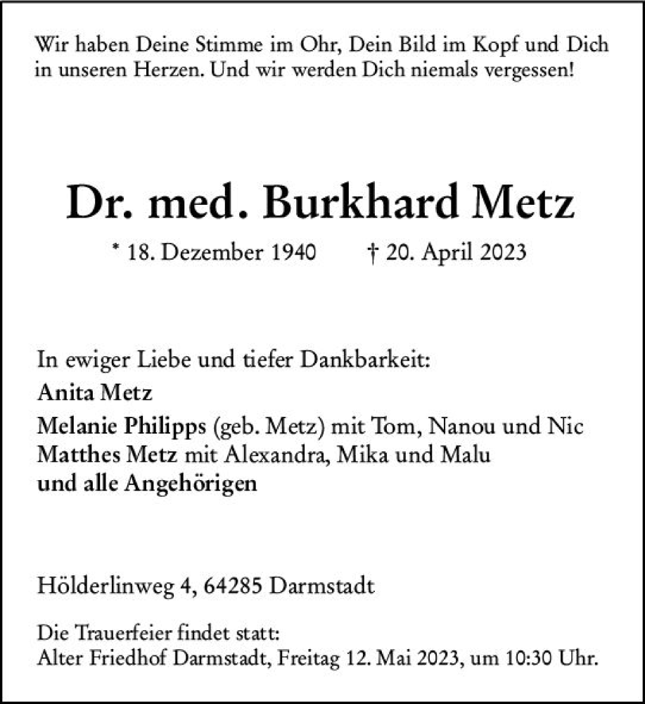  Traueranzeige für Burkhard Metz vom 29.04.2023 aus Darmstädter Echo