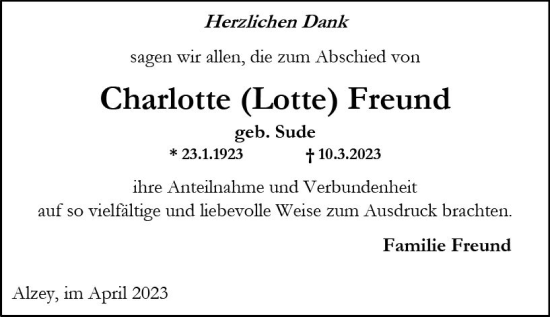 Traueranzeige von Charlotte Freund von Allgemeine Zeitung Alzey
