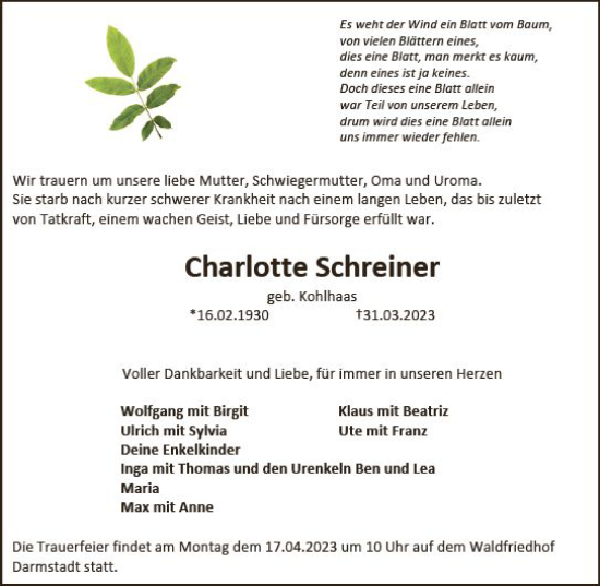 Traueranzeige von Charlotte Schreiner von Darmstädter Echo
