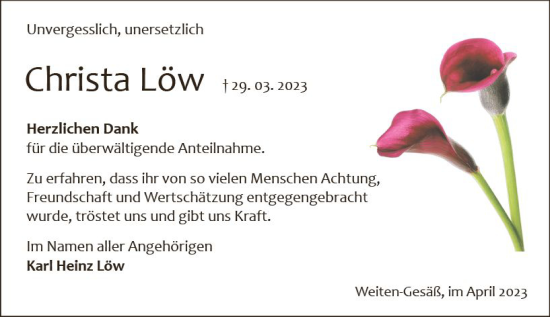 Traueranzeige von Christa Löw von Odenwälder Echo