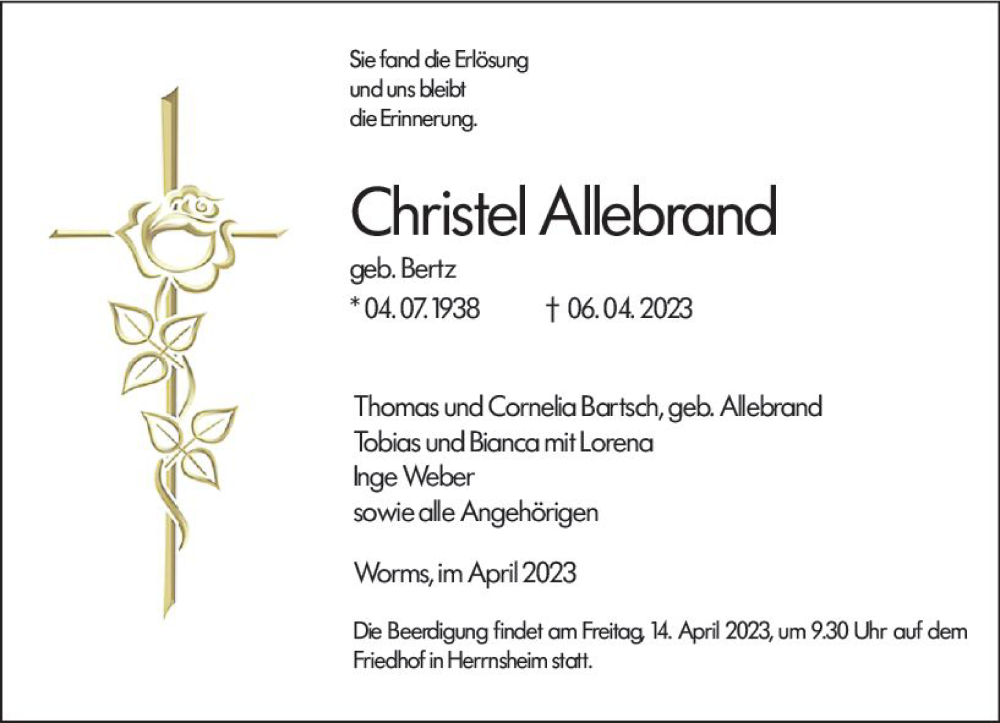  Traueranzeige für Christel Allebrand vom 12.04.2023 aus Wormser Zeitung