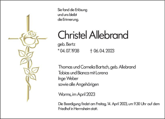 Traueranzeige von Christel Allebrand von Wormser Zeitung