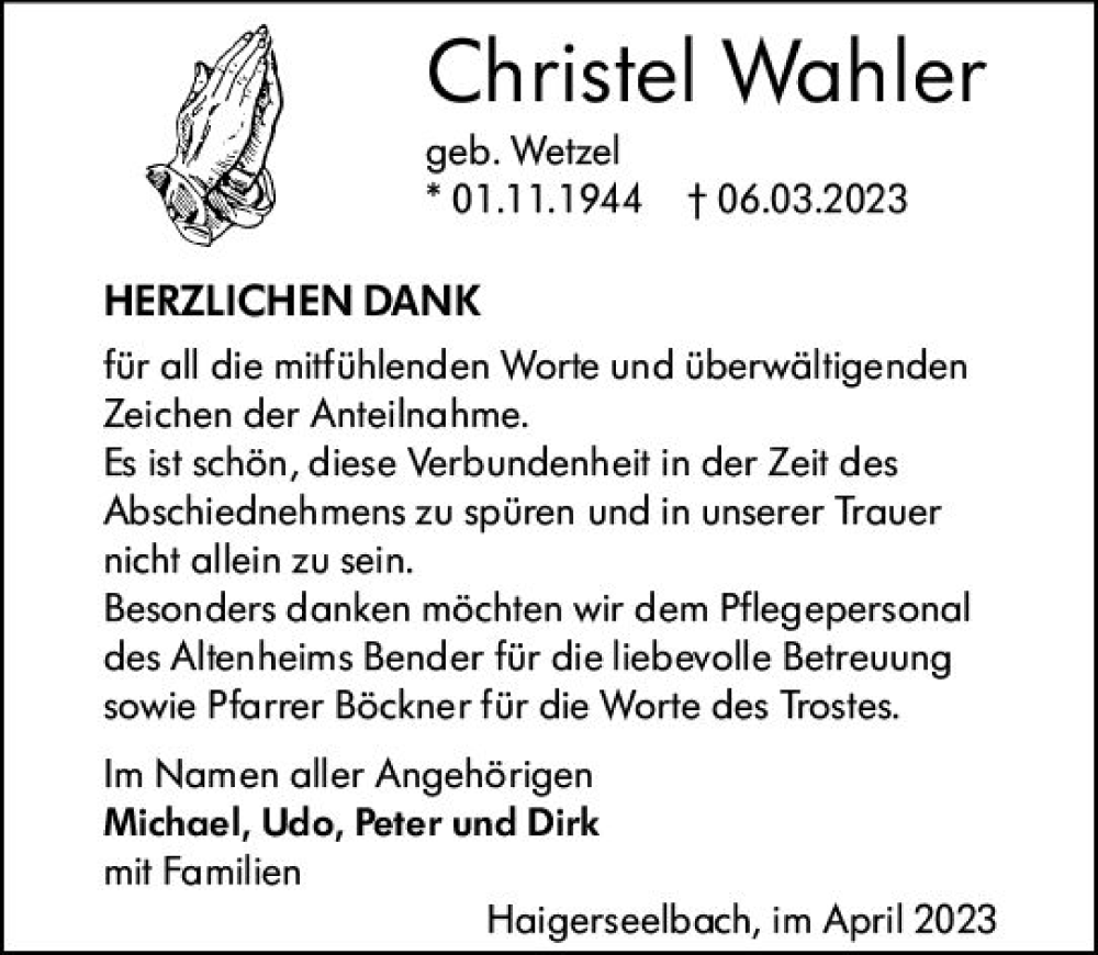  Traueranzeige für Christel Wohler vom 15.04.2023 aus Dill Block